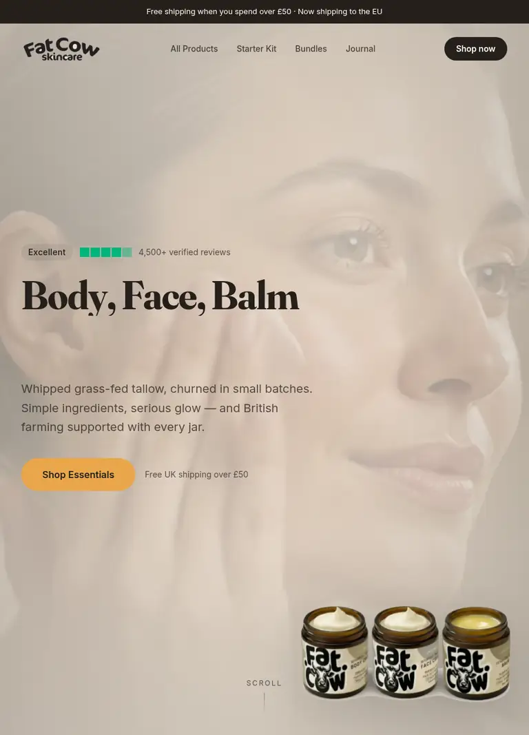 Fat Cow — the scroll-driven 3D product site from the DTC skincare case study